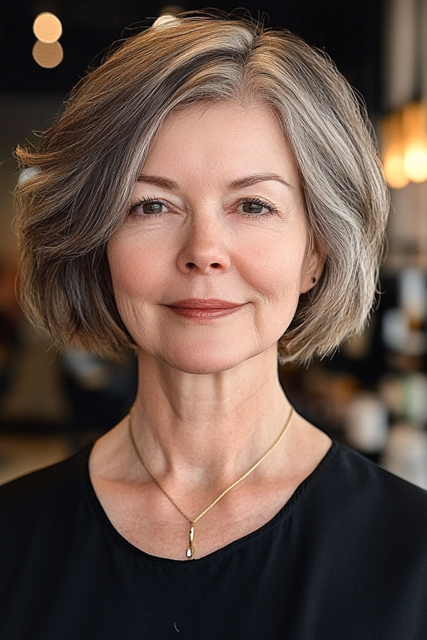 Timeless Silver-Gray Bob, bob haircut for women over 60, bob hairstyle for female over 60