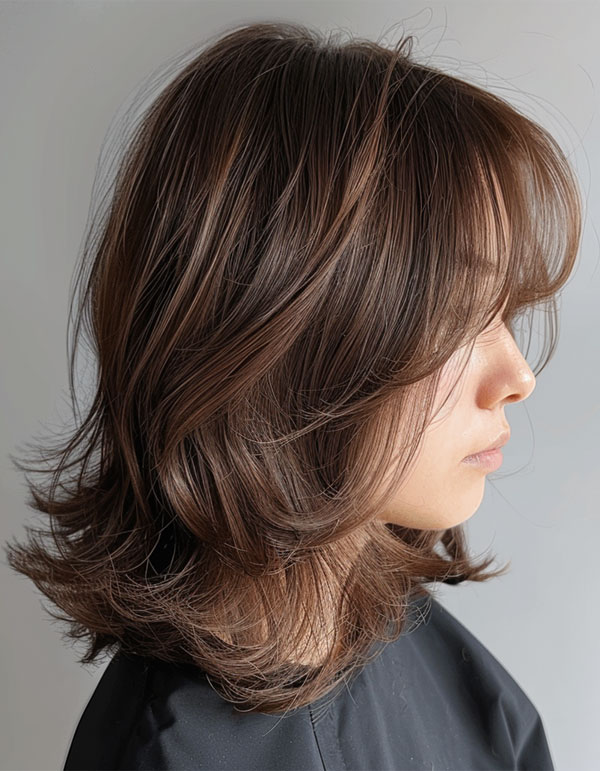 Chestnut Textured Tousle Shoulder-Length Layers, Mid-Length Layered Hairstyle