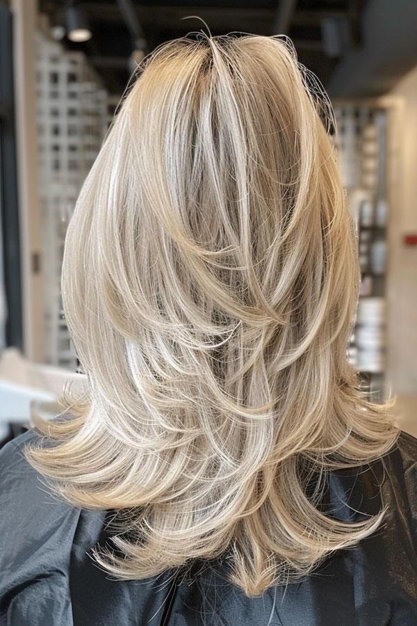 Platinum Feathered Layers, Mid-Length Layered Haircut