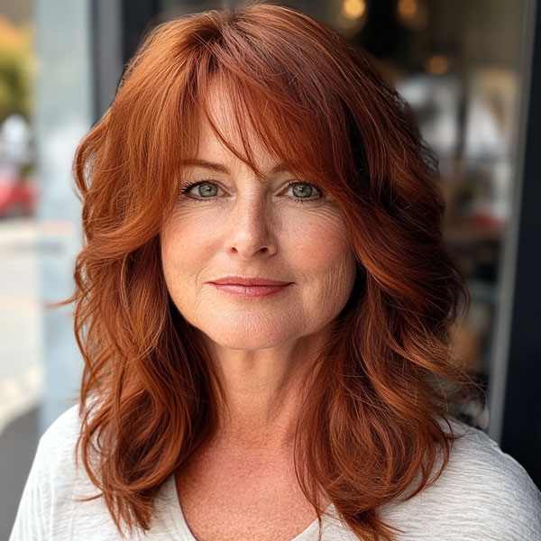 Warm Rusty Auburn Layers, medium-length layered haircuts, mid-length hairstyle for women Over 60 