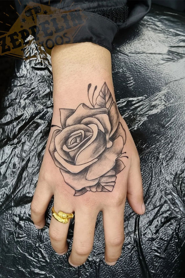 Classic Elegant Black and Grey Rose Hand Tattoo, hand tattoos rose