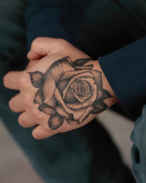 25 Timeless Rose Hand Tattoos : Shaded Black and Grey Rose Hand Tattoo