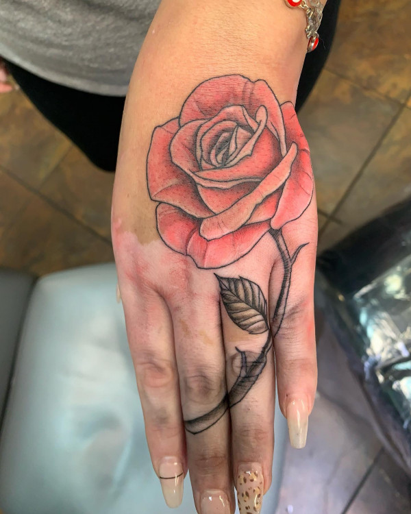 25 Timeless Rose Hand Tattoos : Pink Rose Hand Tattoo