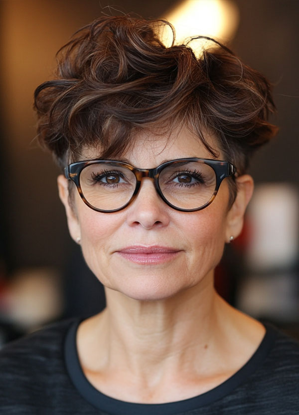 Tousled Brunette Pixie, Pixie Haircut For Women Over 60 with Glasses