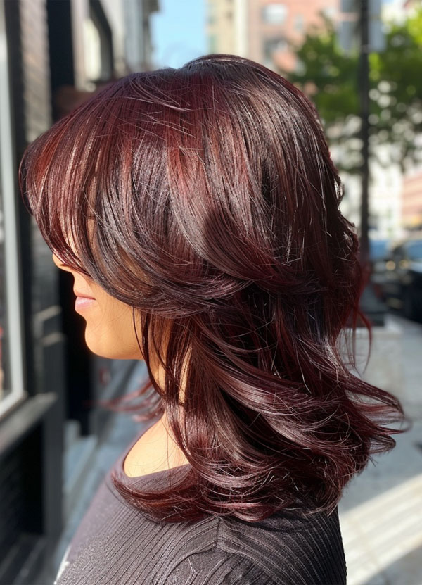 Burgundy Layers with Flicked-Out Ends, Mid-Length Layered Hairstyle