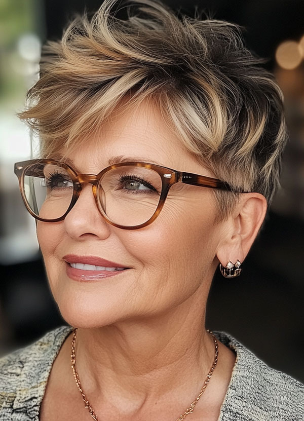 Textured Blonde Pixie, Pixie Haircut For Women Over 60 with Glasses