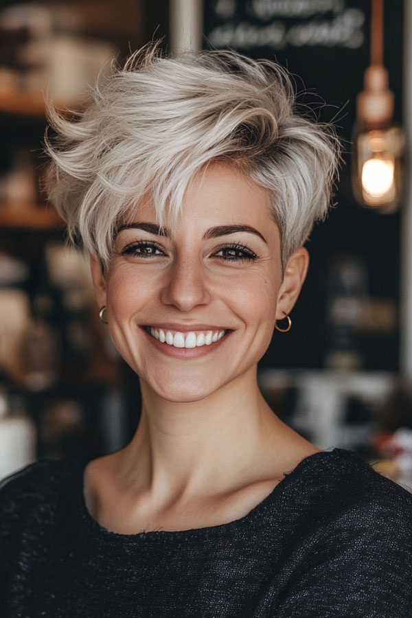 Tousled Platinum Pixie, Pixie Haircut For Women Over 50