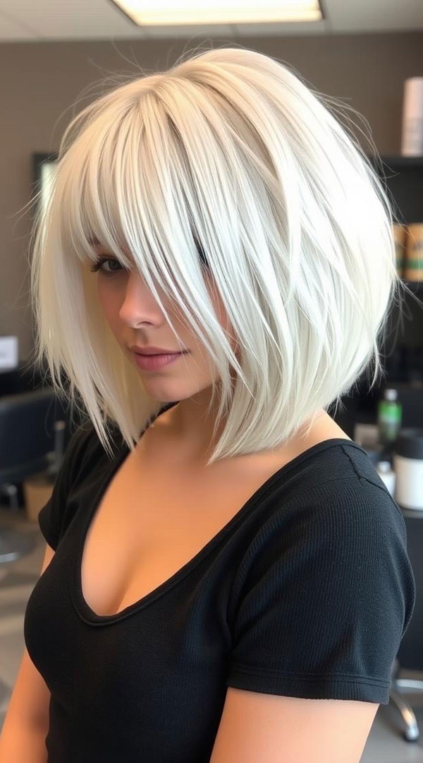 Choppy Fringe Platinum Bob, icy platinum long bob, icy platinum lob