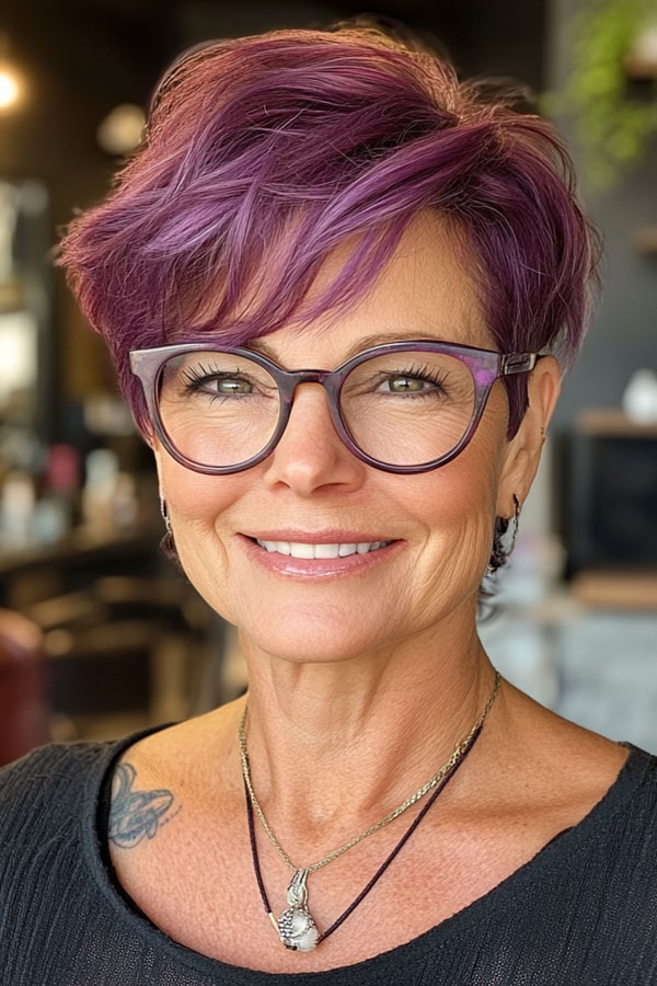 Bold Purple Pixie, Pixie Haircut For Women Over 60 with Glasses