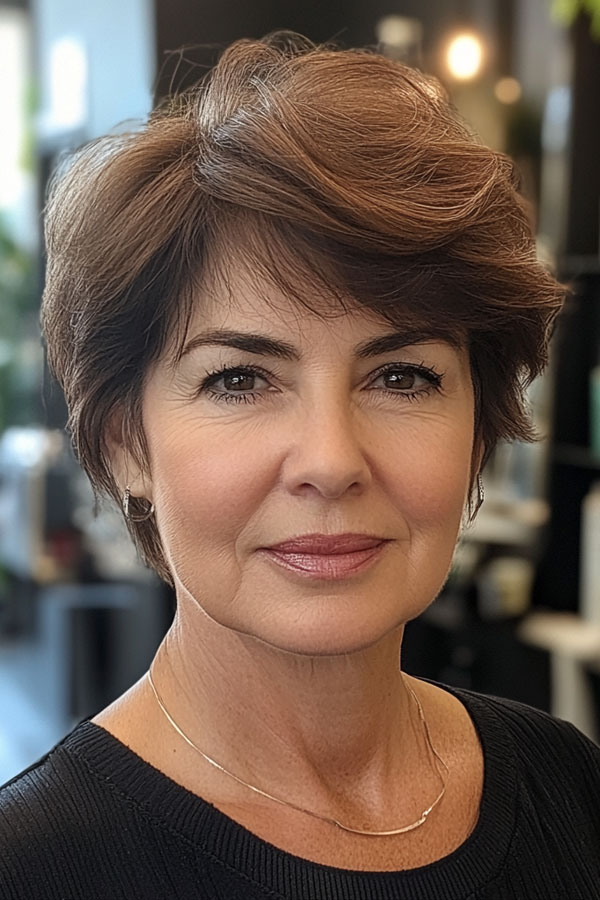 Soft Auburn Layered Pixie, pixie haircut for women over 60