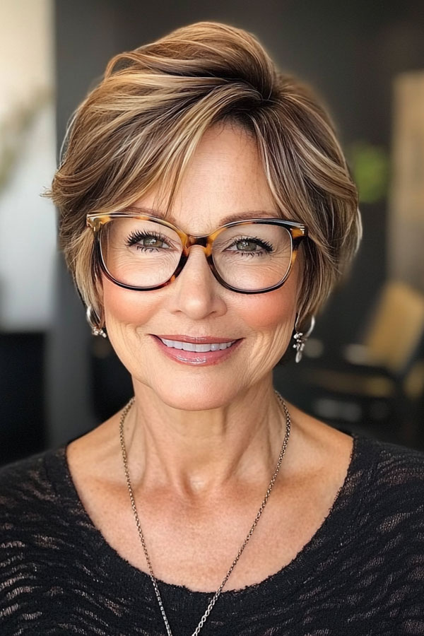 Sophisticated Pixie Cut, Short Haircut For Women Over 60 with Glasses