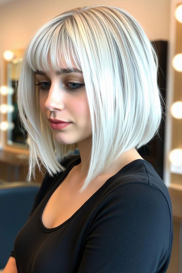 Icy Platinum Bob with Wispy Fringe, trendy long bob with fringe, long bob hairstyle with bangs