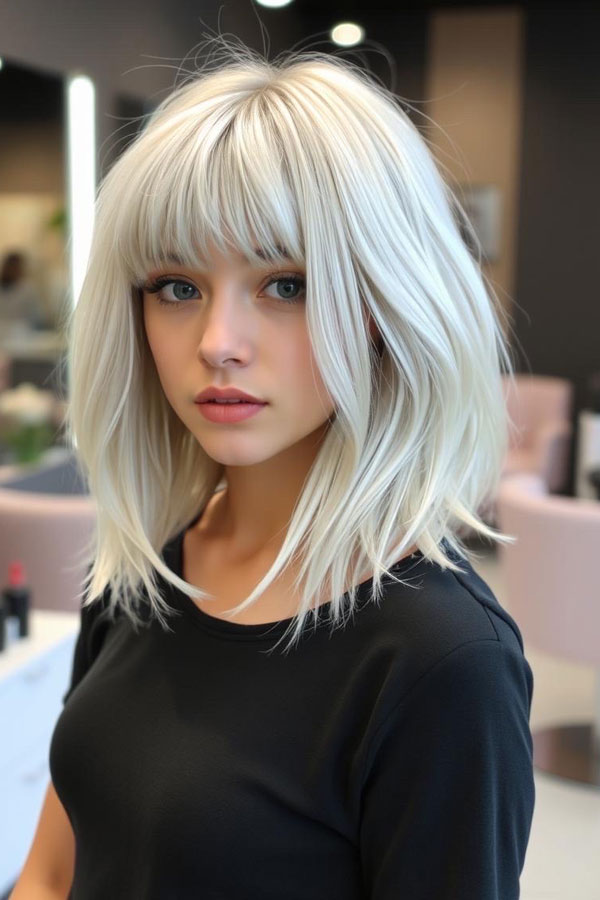 Textured Platinum Lob with Soft Fringe, icy platinum long bob, icy platinum lob