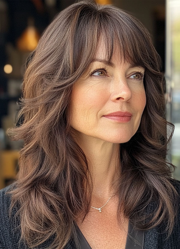 Chestnut Layers with Bangs, Long Layered Haircut for women over 50, Long Layered Hairstyle for women over 50, butterfly layered haircut