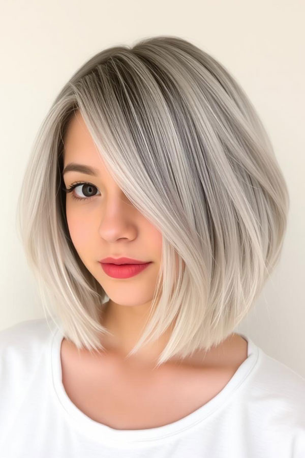 Silver Ash Bob with Side Sweep, icy platinum long bob, icy platinum lob