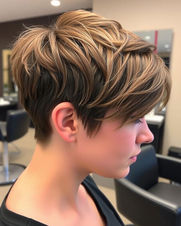 Textured Brunette Pixie, pixie hairstyle, short haircut