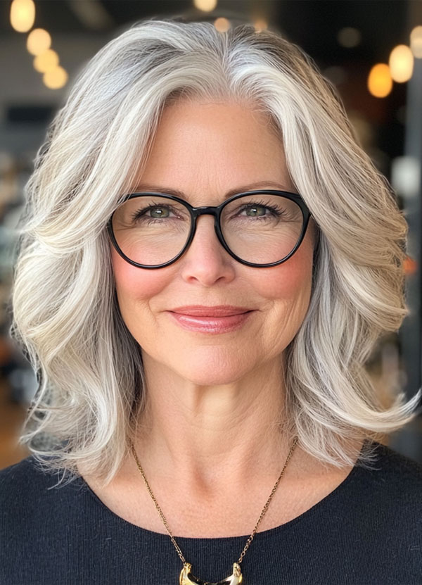 Silver-Grey Voluminous Waves, Medium-Length Haircut For Women Over 60 with Glasses