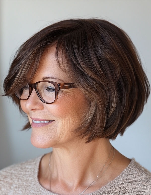 Elegant Side-Swept Bob, Bob Haircut For Women Over 60 with Glasses