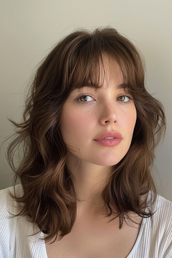 Chestnut Tousled Layers & Wispy Bangs, Mid-Length Layered Haircut