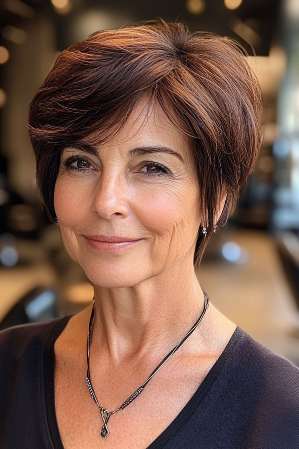 Rich Mahogany Pixie Bob, pixie haircut for women over 60