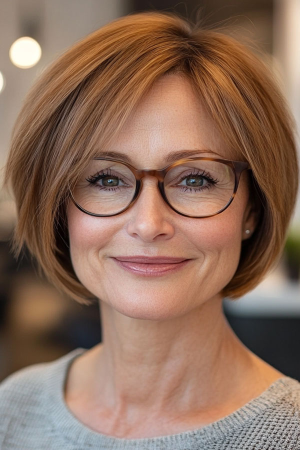 Classic Bob with Warm Auburn Highlights, Bob Haircut For Women Over 60 with Glasses