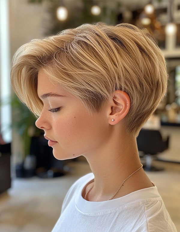 Icy Blonde Pixie with Side-Swept Layers, Effortless Pixie Haircut, short haircut for women