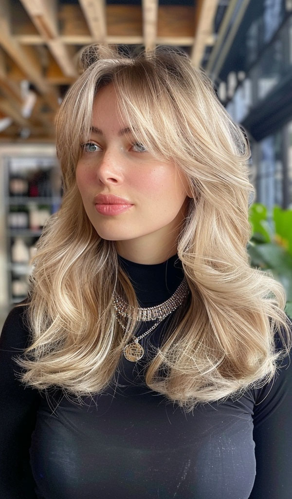 Old Money Blonde Layers with Curtain Bangs, Trendsetting Armpit-Length Layered Haircut