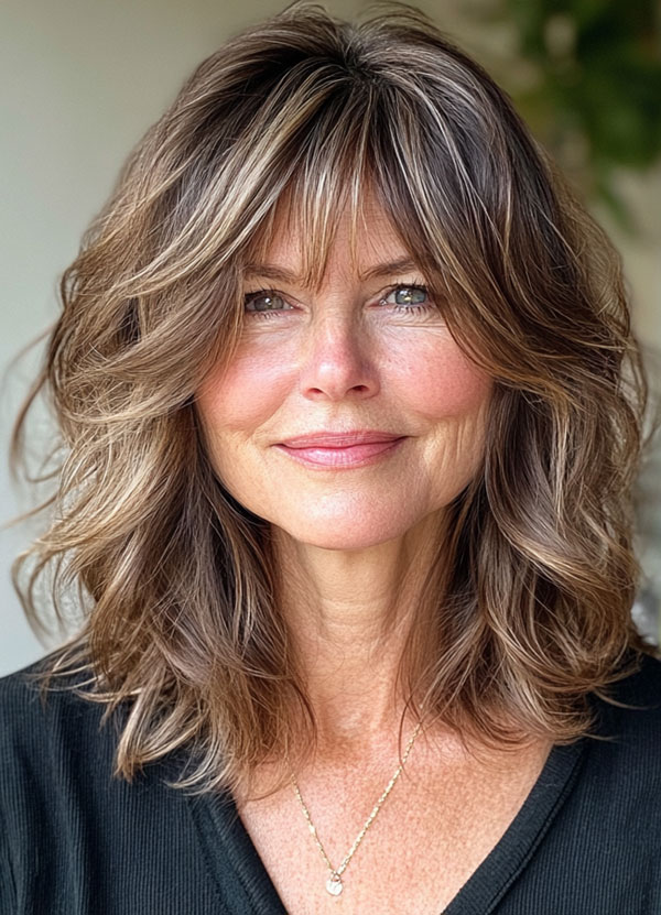 Tousled Bronde Layers with Bangs, Collarbone-Length Haircut for over 60, collarbone Hairstyle For Women Over 60