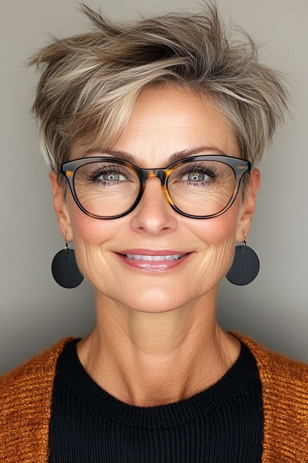 Spiked Salt-and-Pepper Pixie, Pixie Haircut For Women Over 60 with Glasses