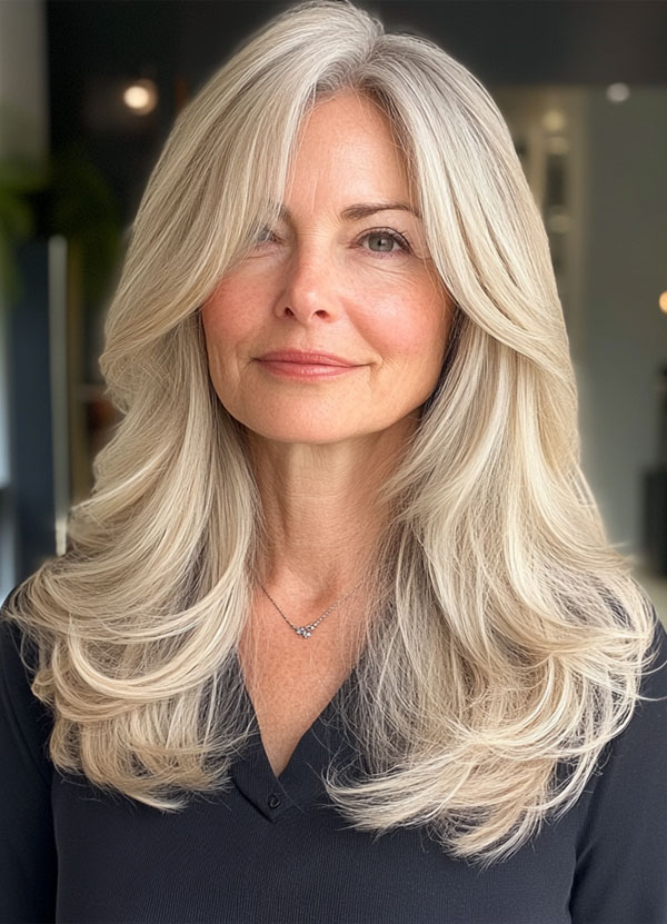 Platinum Blonde Layers with Side-Swept Bangs, Long Layered Haircut for women over 50, Long Layered Hairstyle for women over 50, butterfly layered haircut