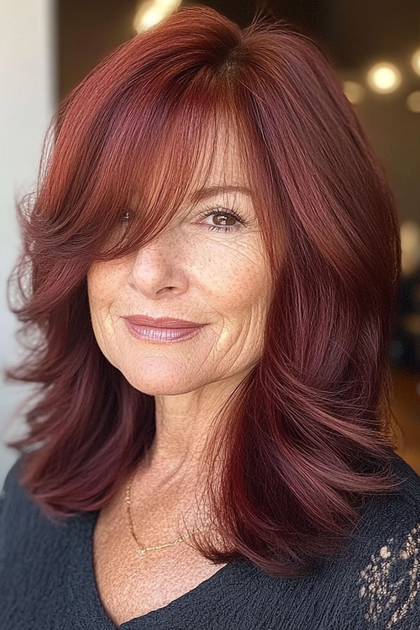 Radiant Ruby Layers, medium-length layered haircuts, mid-length hairstyle for women Over 60 