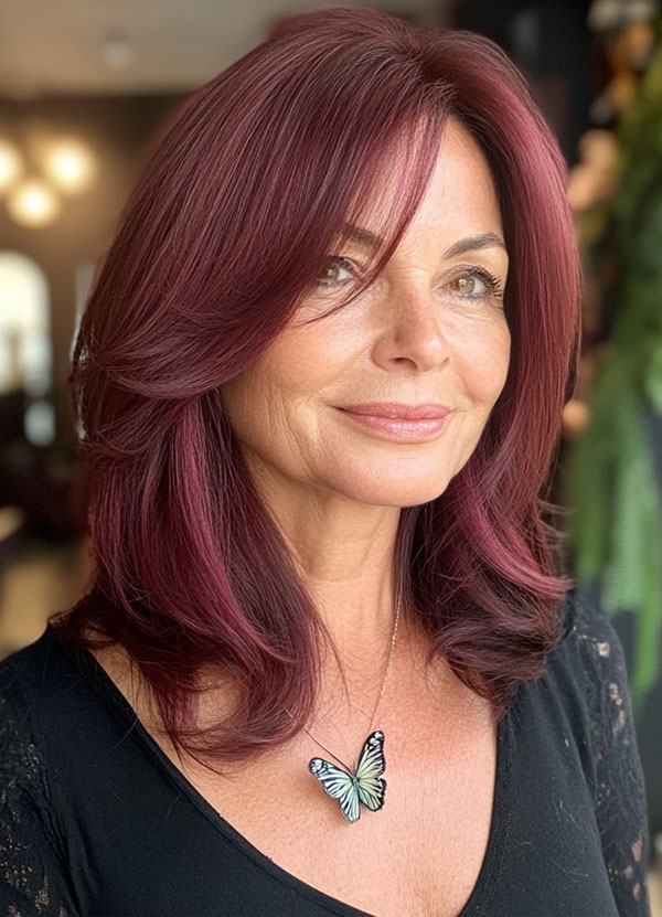 Rich Burgundy Layers, Collarbone-Length Haircut for over 60, collarbone Hairstyle For Women Over 60