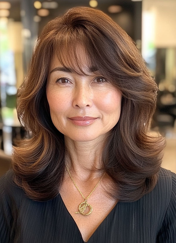 Elegant Chestnut Layers, medium-length layered haircuts, mid-length hairstyle for women Over 60