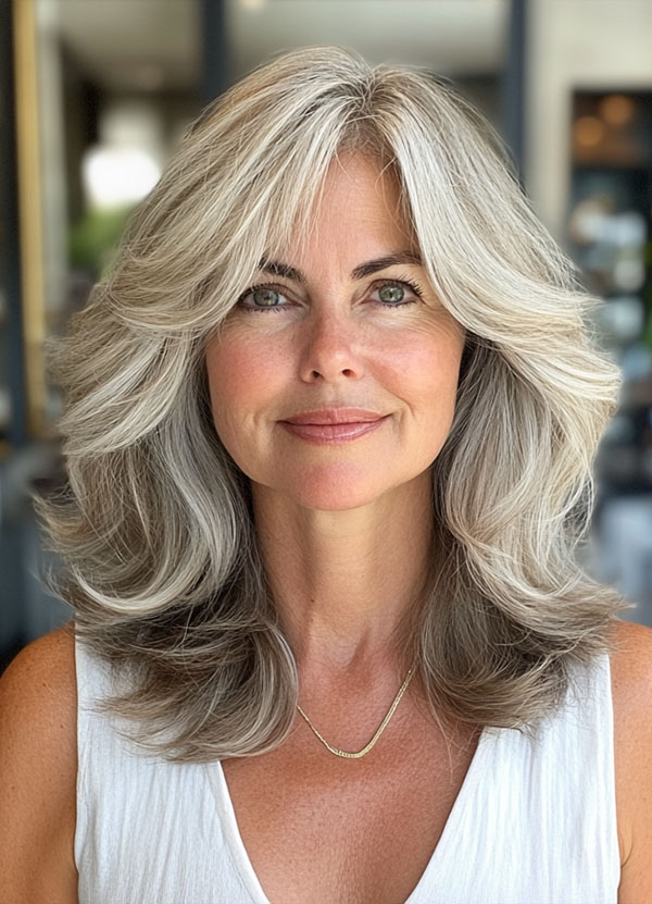 Silver Fox Layers, medium-length layered haircuts, mid-length hairstyle for women Over 60 