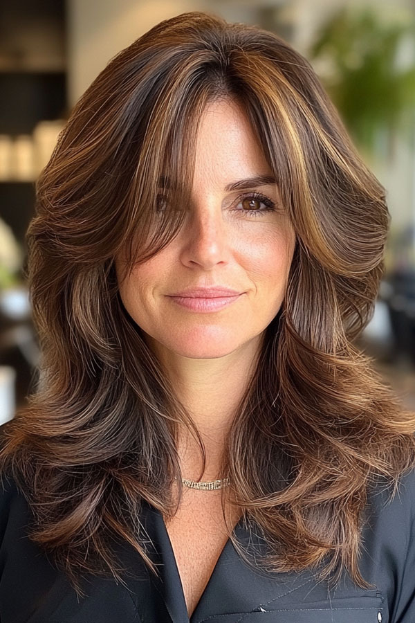 Long Layer with Caramel Highlights, layered haircut for women over 40