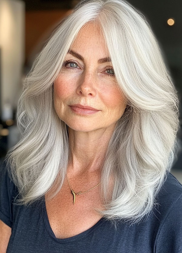 Silver-White Layers, Long Layered Haircut for women over 50, Long Layered Hairstyle for women over 50, butterfly layered haircut