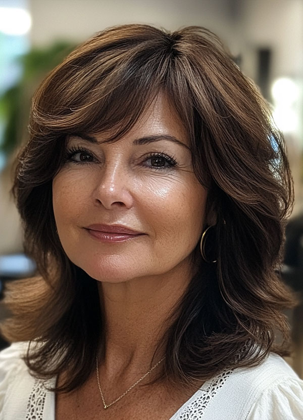 Soft Chestnut Layers with Side-Swept Bangs, Collarbone-Length Haircut for over 60, collarbone Hairstyle For Women Over 60