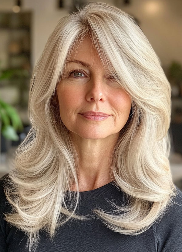 Platinum Blonde Layers with Side-Swept Bangs, Long Layered Haircut for women over 50, Long Layered Hairstyle for women over 50, butterfly layered haircut