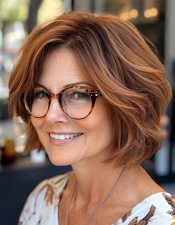 Auburn layered bob, Short Haircut For Women Over 60 with Glasses