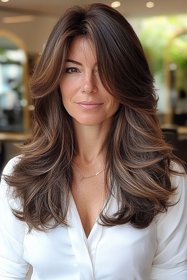 Elegant Brunette Layered Haircut with Curtain Bangs, layered haircut for women over 40