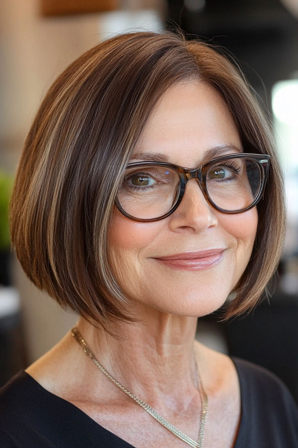 Sleek Chestnut Bob, Bob Haircut For Women Over 60 with Glasses