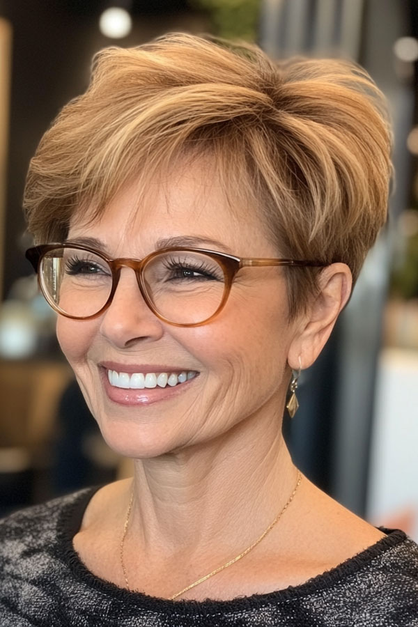 Honey Blonde Pixie, Pixie Haircut For Women Over 60 with Glasses