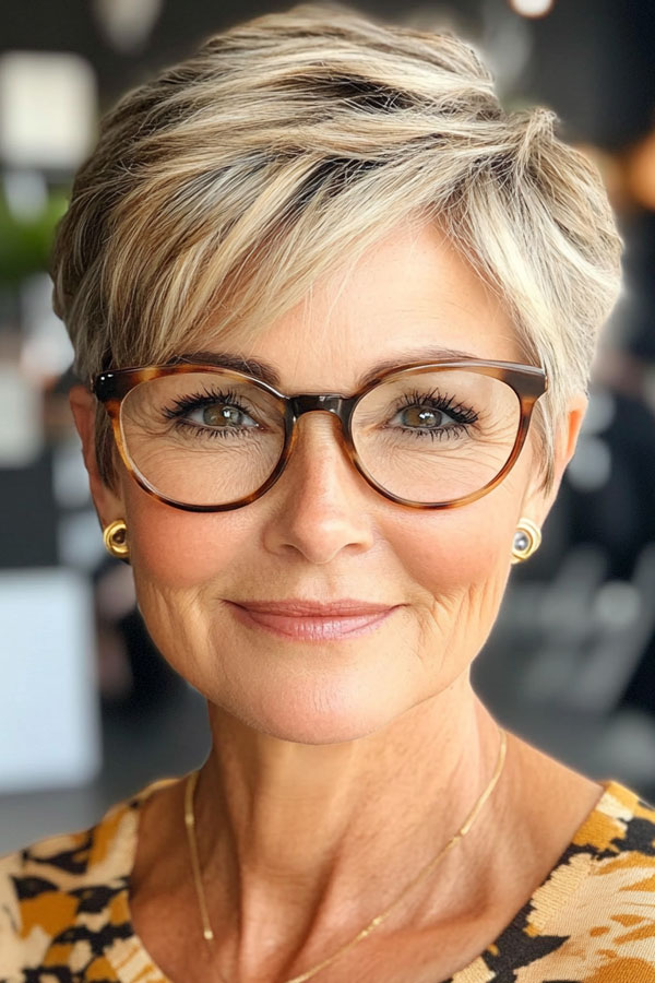 Golden Highlights Glam Pixie, Pixie Haircut For Women Over 60 with Glasses