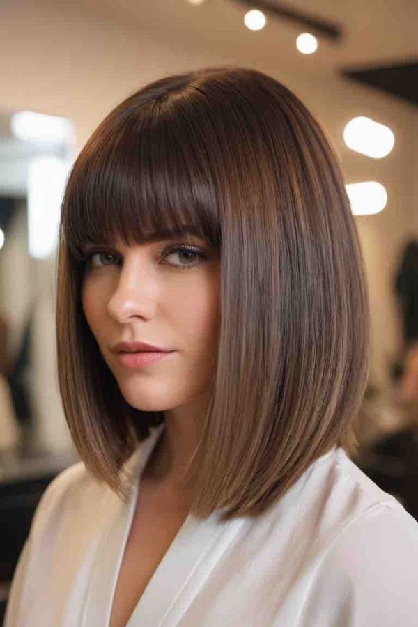 Sleek Brunette Bob with Full Fringe, trendy long bob with fringe, long bob hairstyle with bangs