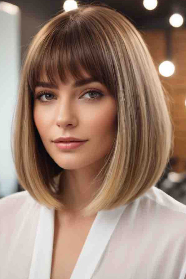 Warm Honey Blonde Bob with Subtle Fringe, trendy long bob with fringe, long bob hairstyle with bangs