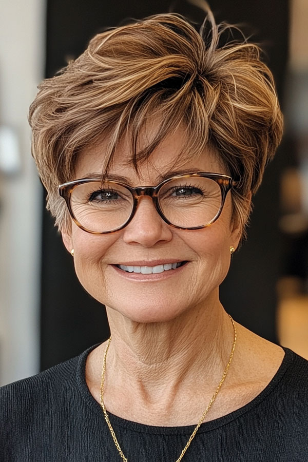 Windswept Charm Pixie, Pixie Haircut For Women Over 60 with Glasses