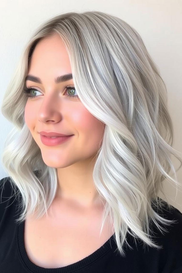 Wavy Platinum Lob, icy platinum long bob, icy platinum lob