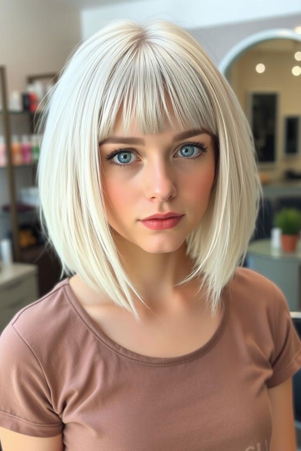 Classic Platinum Lob with Micro Bangs, icy platinum long bob, icy platinum lob