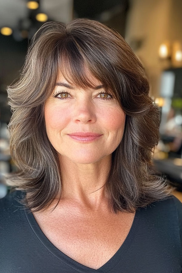 Voluminous Dark Brown Layers, Collarbone-Length Haircut for over 60, collarbone Hairstyle For Women Over 60