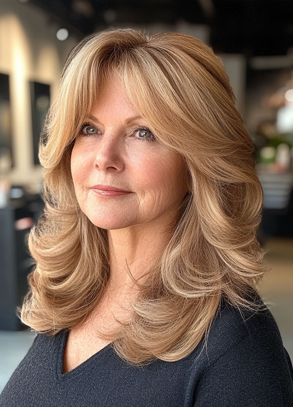 Golden Layers, Long Layered Haircut for women over 50, Long Layered Hairstyle for women over 50, butterfly layered haircut